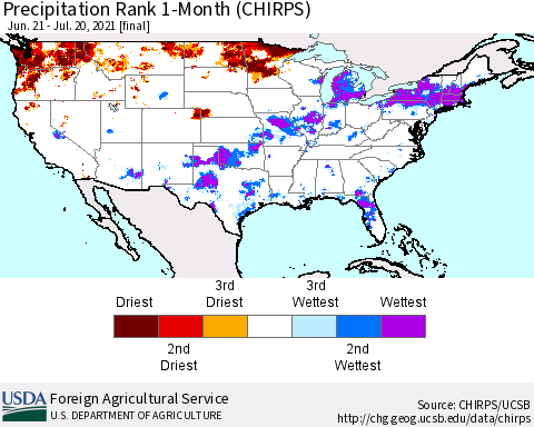 United States Precipitation Rank since 1981, 1-Month (CHIRPS) Thematic Map For 6/21/2021 - 7/20/2021