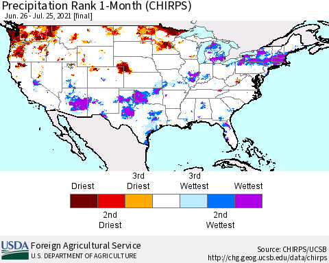 United States Precipitation Rank since 1981, 1-Month (CHIRPS) Thematic Map For 6/26/2021 - 7/25/2021