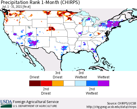 United States Precipitation Rank since 1981, 1-Month (CHIRPS) Thematic Map For 7/1/2021 - 7/31/2021