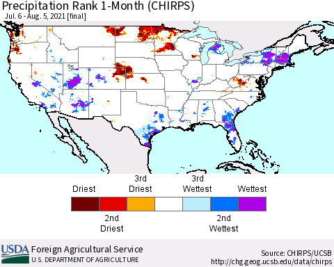 United States Precipitation Rank since 1981, 1-Month (CHIRPS) Thematic Map For 7/6/2021 - 8/5/2021
