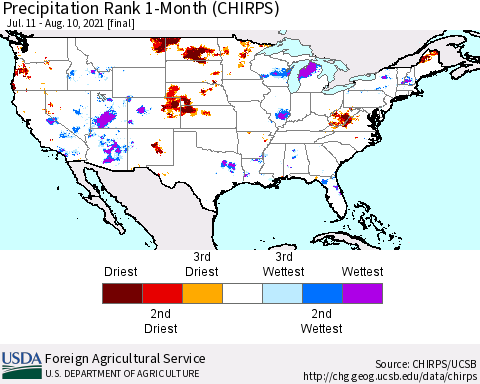 United States Precipitation Rank since 1981, 1-Month (CHIRPS) Thematic Map For 7/11/2021 - 8/10/2021