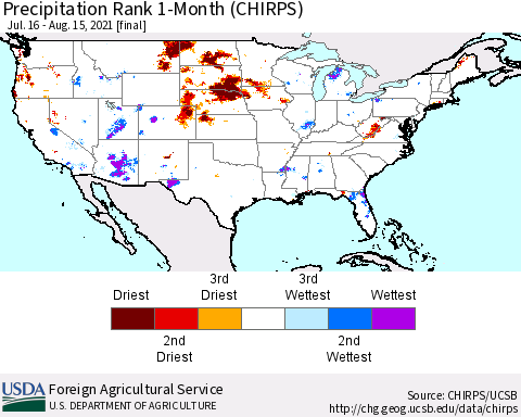 United States Precipitation Rank 1-Month (CHIRPS) Thematic Map For 7/16/2021 - 8/15/2021