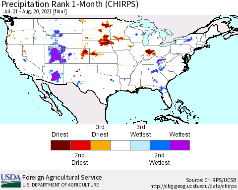 United States Precipitation Rank since 1981, 1-Month (CHIRPS) Thematic Map For 7/21/2021 - 8/20/2021
