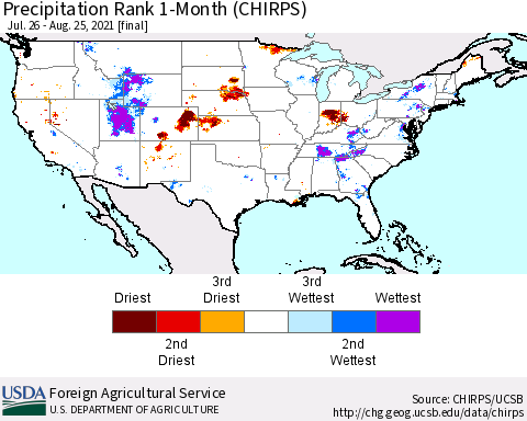United States Precipitation Rank since 1981, 1-Month (CHIRPS) Thematic Map For 7/26/2021 - 8/25/2021