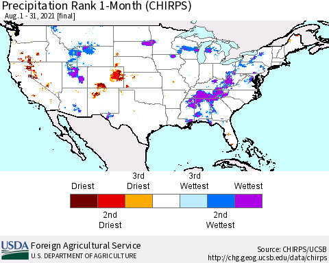 United States Precipitation Rank 1-Month (CHIRPS) Thematic Map For 8/1/2021 - 8/31/2021