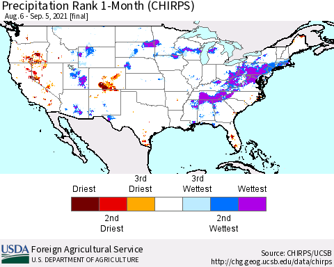 United States Precipitation Rank 1-Month (CHIRPS) Thematic Map For 8/6/2021 - 9/5/2021