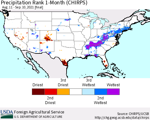 United States Precipitation Rank 1-Month (CHIRPS) Thematic Map For 8/11/2021 - 9/10/2021