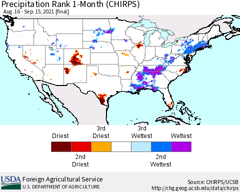 United States Precipitation Rank 1-Month (CHIRPS) Thematic Map For 8/16/2021 - 9/15/2021