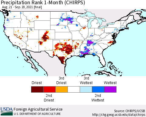 United States Precipitation Rank since 1981, 1-Month (CHIRPS) Thematic Map For 8/21/2021 - 9/20/2021