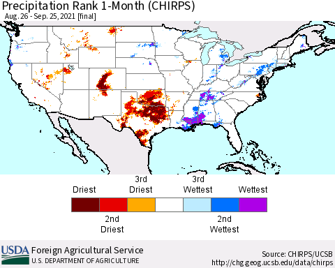 United States Precipitation Rank 1-Month (CHIRPS) Thematic Map For 8/26/2021 - 9/25/2021