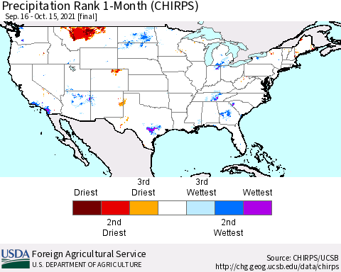 United States Precipitation Rank since 1981, 1-Month (CHIRPS) Thematic Map For 9/16/2021 - 10/15/2021