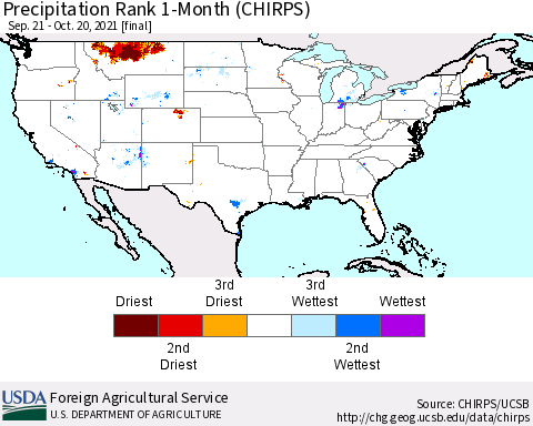 United States Precipitation Rank since 1981, 1-Month (CHIRPS) Thematic Map For 9/21/2021 - 10/20/2021