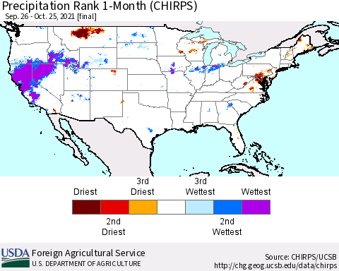 United States Precipitation Rank 1-Month (CHIRPS) Thematic Map For 9/26/2021 - 10/25/2021