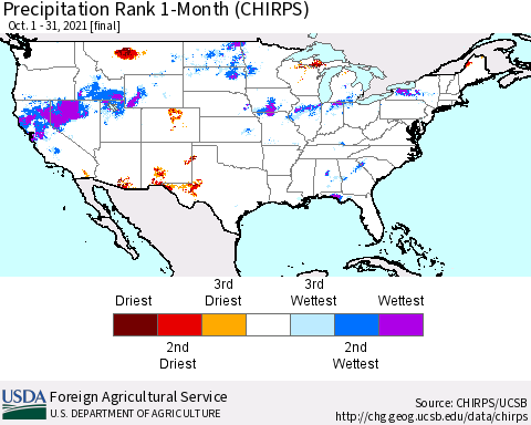 United States Precipitation Rank 1-Month (CHIRPS) Thematic Map For 10/1/2021 - 10/31/2021