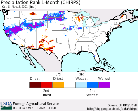 United States Precipitation Rank 1-Month (CHIRPS) Thematic Map For 10/6/2021 - 11/5/2021