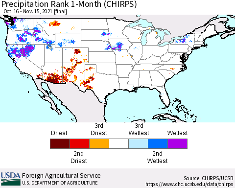 United States Precipitation Rank 1-Month (CHIRPS) Thematic Map For 10/16/2021 - 11/15/2021