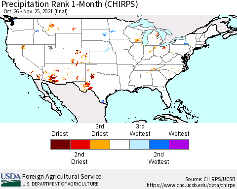 United States Precipitation Rank 1-Month (CHIRPS) Thematic Map For 10/26/2021 - 11/25/2021