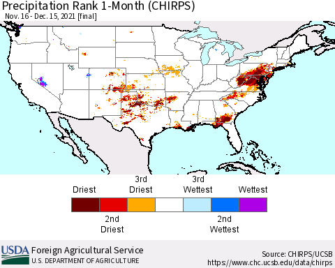 United States Precipitation Rank since 1981, 1-Month (CHIRPS) Thematic Map For 11/16/2021 - 12/15/2021