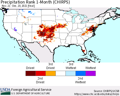 United States Precipitation Rank since 1981, 1-Month (CHIRPS) Thematic Map For 11/21/2021 - 12/20/2021