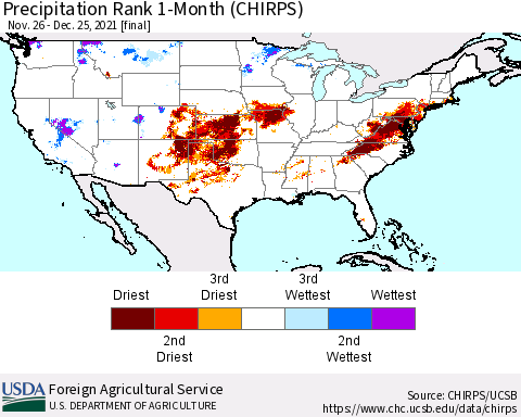 United States Precipitation Rank 1-Month (CHIRPS) Thematic Map For 11/26/2021 - 12/25/2021