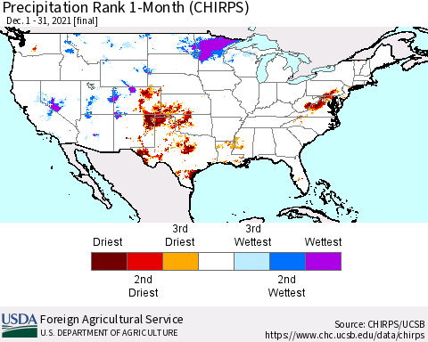 United States Precipitation Rank since 1981, 1-Month (CHIRPS) Thematic Map For 12/1/2021 - 12/31/2021