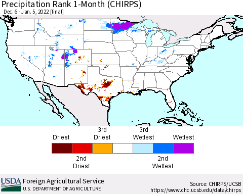 United States Precipitation Rank 1-Month (CHIRPS) Thematic Map For 12/6/2021 - 1/5/2022