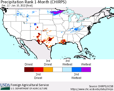 United States Precipitation Rank since 1981, 1-Month (CHIRPS) Thematic Map For 12/11/2021 - 1/10/2022