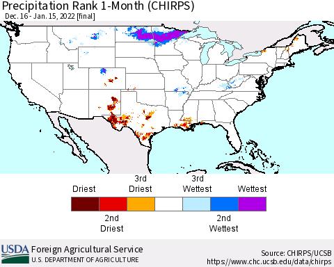 United States Precipitation Rank 1-Month (CHIRPS) Thematic Map For 12/16/2021 - 1/15/2022