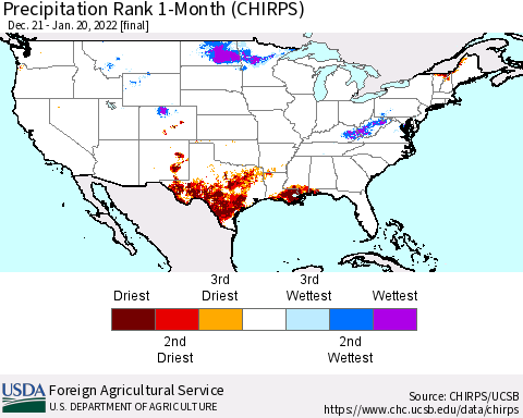 United States Precipitation Rank since 1981, 1-Month (CHIRPS) Thematic Map For 12/21/2021 - 1/20/2022