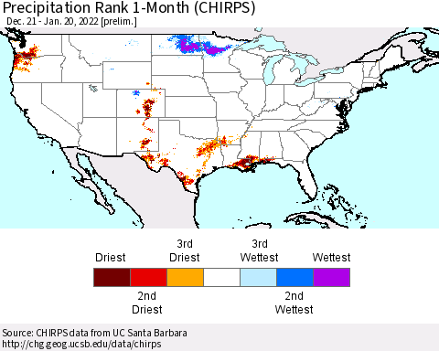 United States Precipitation Rank 1-Month (CHIRPS) Thematic Map For 12/21/2021 - 1/20/2022
