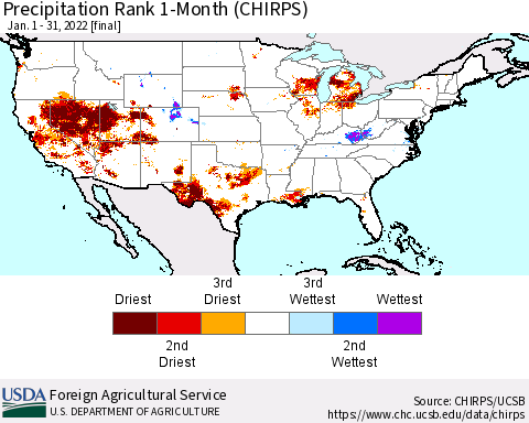 United States Precipitation Rank since 1981, 1-Month (CHIRPS) Thematic Map For 1/1/2022 - 1/31/2022