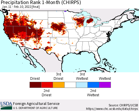 United States Precipitation Rank since 1981, 1-Month (CHIRPS) Thematic Map For 1/11/2022 - 2/10/2022