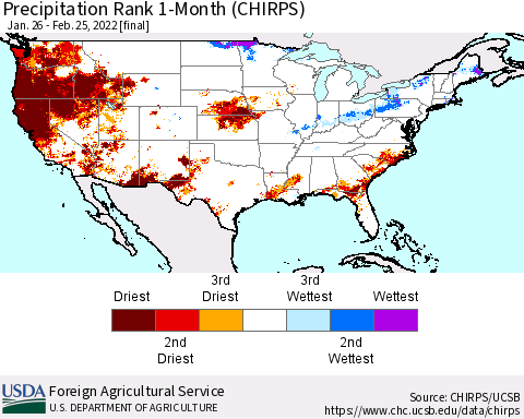 United States Precipitation Rank since 1981, 1-Month (CHIRPS) Thematic Map For 1/26/2022 - 2/25/2022