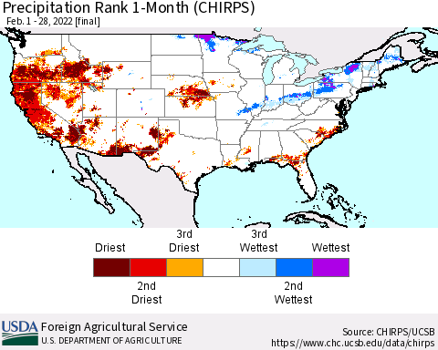 United States Precipitation Rank 1-Month (CHIRPS) Thematic Map For 2/1/2022 - 2/28/2022