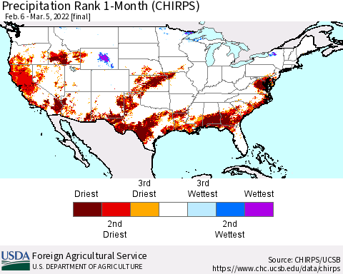 United States Precipitation Rank 1-Month (CHIRPS) Thematic Map For 2/6/2022 - 3/5/2022