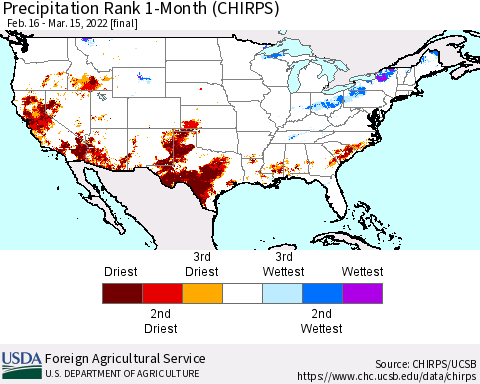 United States Precipitation Rank since 1981, 1-Month (CHIRPS) Thematic Map For 2/16/2022 - 3/15/2022