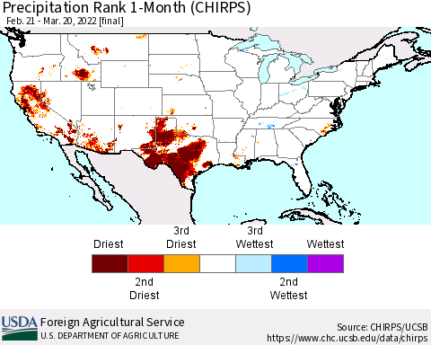 United States Precipitation Rank 1-Month (CHIRPS) Thematic Map For 2/21/2022 - 3/20/2022