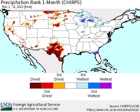 United States Precipitation Rank 1-Month (CHIRPS) Thematic Map For 3/1/2022 - 3/31/2022