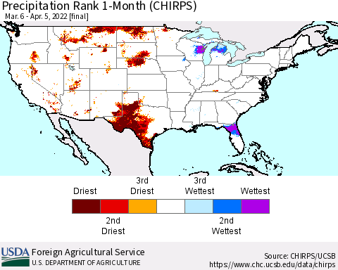 United States Precipitation Rank since 1981, 1-Month (CHIRPS) Thematic Map For 3/6/2022 - 4/5/2022