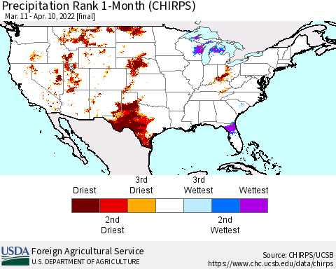 United States Precipitation Rank since 1981, 1-Month (CHIRPS) Thematic Map For 3/11/2022 - 4/10/2022