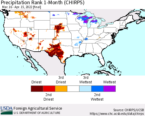 United States Precipitation Rank since 1981, 1-Month (CHIRPS) Thematic Map For 3/16/2022 - 4/15/2022