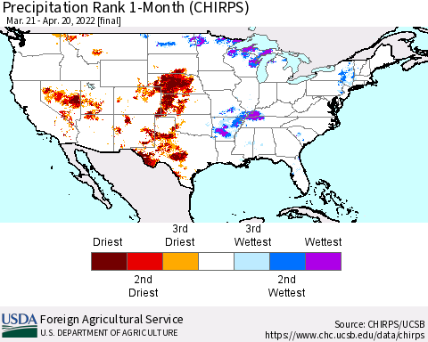 United States Precipitation Rank since 1981, 1-Month (CHIRPS) Thematic Map For 3/21/2022 - 4/20/2022
