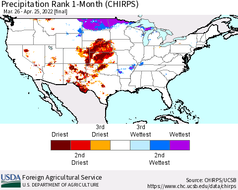 United States Precipitation Rank 1-Month (CHIRPS) Thematic Map For 3/26/2022 - 4/25/2022