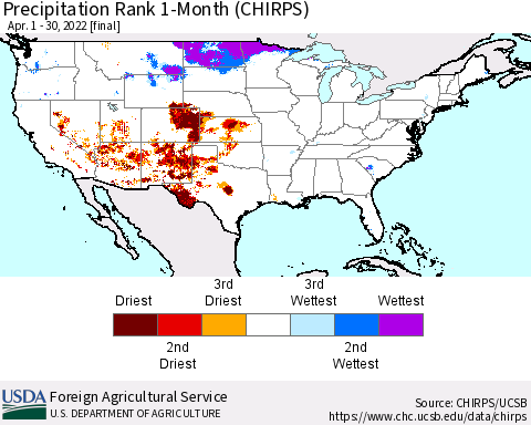 United States Precipitation Rank 1-Month (CHIRPS) Thematic Map For 4/1/2022 - 4/30/2022