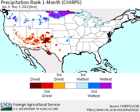 United States Precipitation Rank 1-Month (CHIRPS) Thematic Map For 4/6/2022 - 5/5/2022