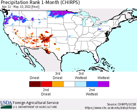 United States Precipitation Rank 1-Month (CHIRPS) Thematic Map For 4/11/2022 - 5/10/2022