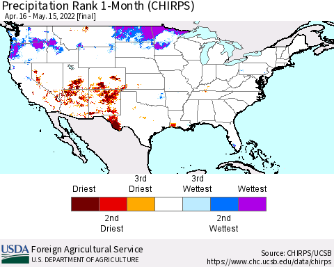 United States Precipitation Rank since 1981, 1-Month (CHIRPS) Thematic Map For 4/16/2022 - 5/15/2022
