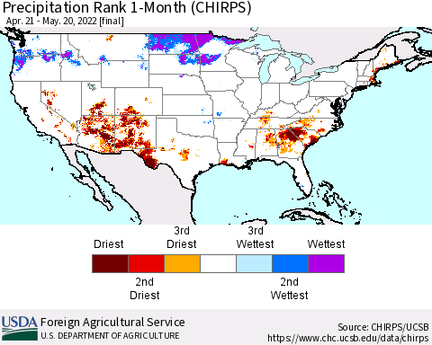 United States Precipitation Rank 1-Month (CHIRPS) Thematic Map For 4/21/2022 - 5/20/2022