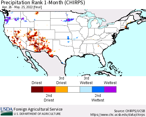 United States Precipitation Rank 1-Month (CHIRPS) Thematic Map For 4/26/2022 - 5/25/2022