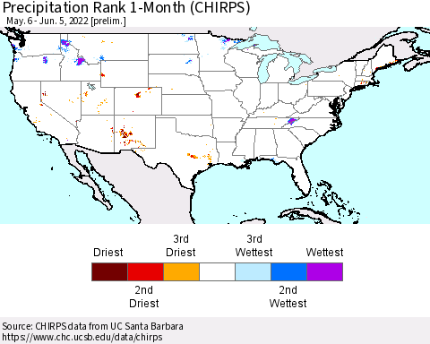 United States Precipitation Rank 1-Month (CHIRPS) Thematic Map For 5/6/2022 - 6/5/2022